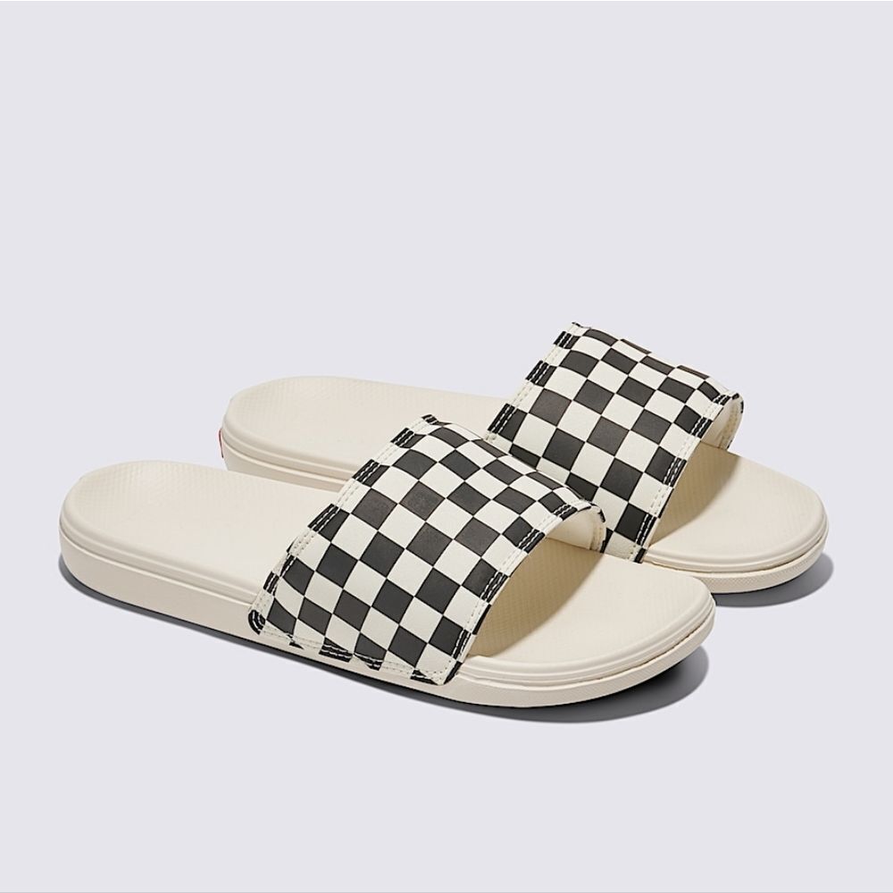 Checkerboard Slide Sandals in Cream and Black - Women's